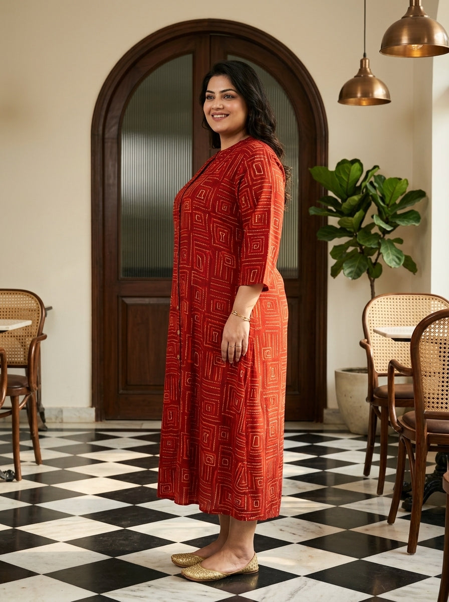 Plus Size Rust Rayon Golden Print Aline Kurta-410091