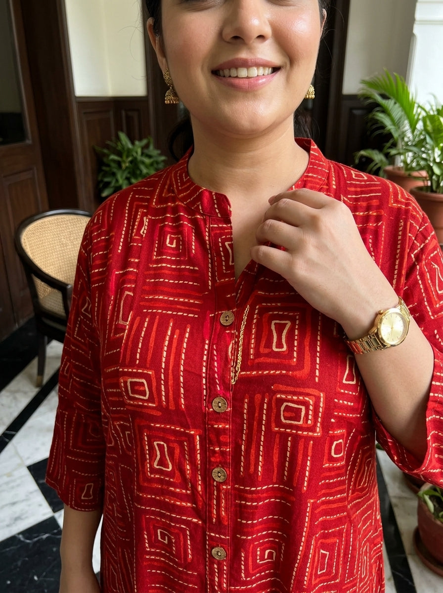Plus Size Rust Rayon Golden Print Aline Kurta-410091