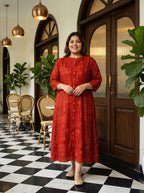 Plus Size Rust Rayon Golden Print Aline Kurta-410091
