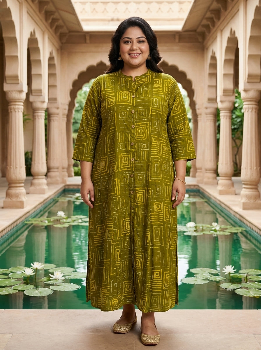 Plus Size Green Rayon Golden Print Aline Kurta-410092