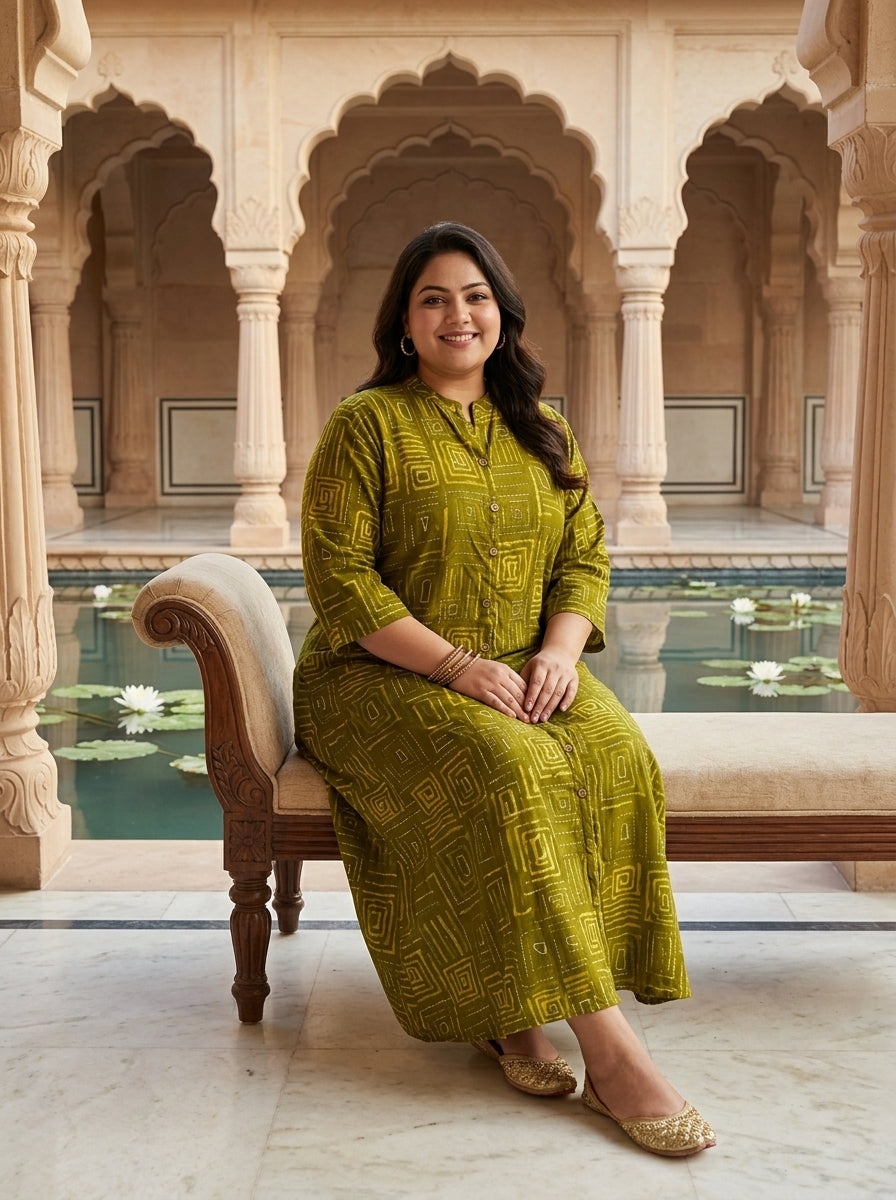Plus Size Green Rayon Golden Print Aline Kurta-410092
