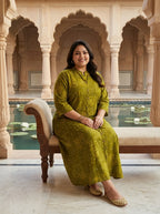 Plus Size Green Rayon Golden Print Aline Kurta-410092
