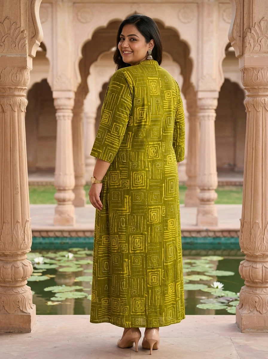 Plus Size Green Rayon Golden Print Aline Kurta-410092