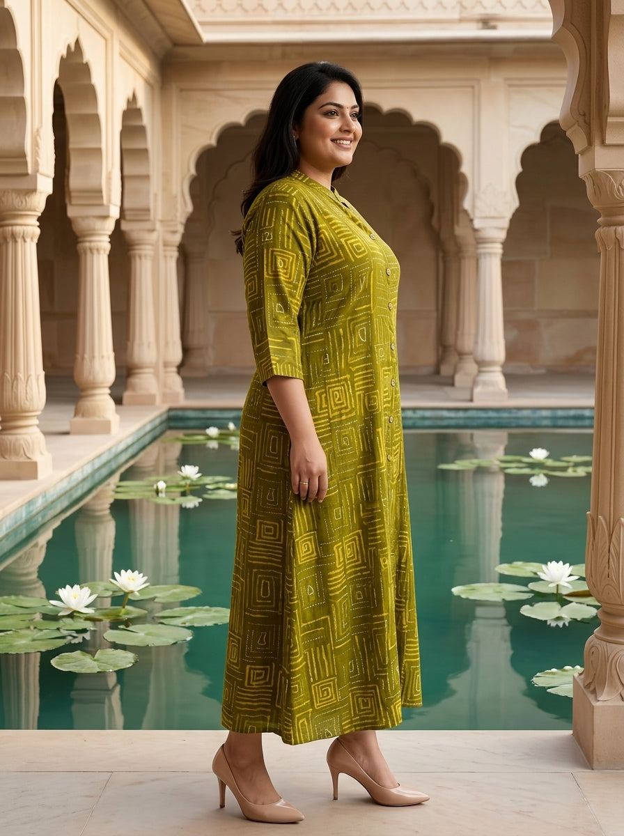 Plus Size Green Rayon Golden Print Aline Kurta-410092