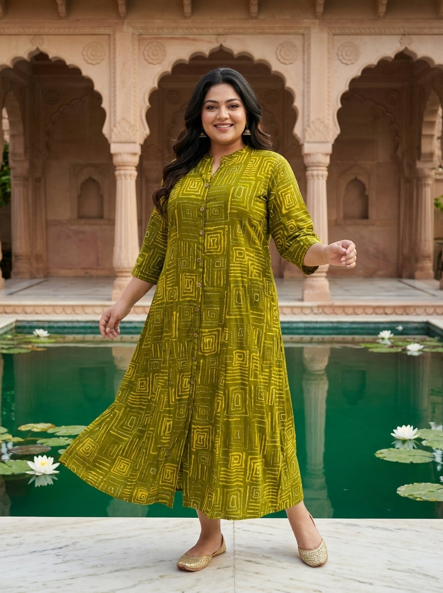 Plus Size Green Rayon Golden Print Aline Kurta-410092