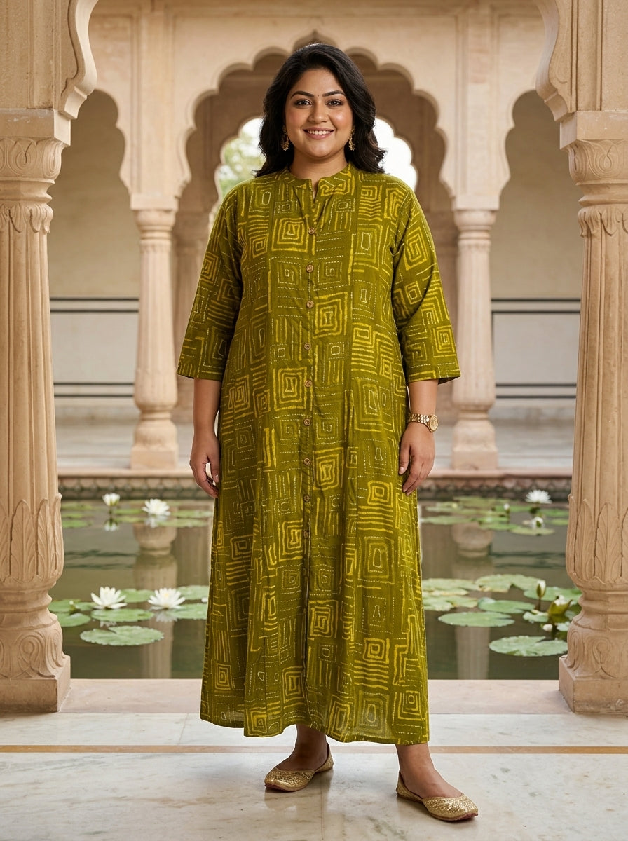 Plus Size Green Rayon Golden Print Aline Kurta-410092