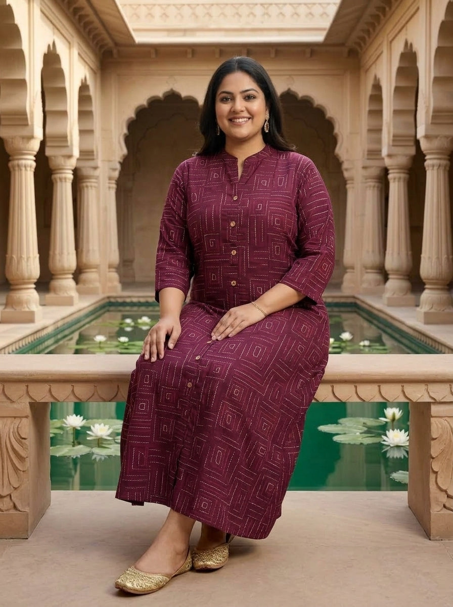 Purple Rayon Golden Print Aline Kurta Plus Size-410093