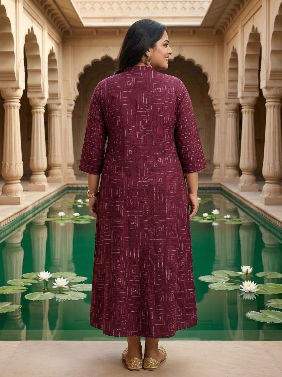 Purple Rayon Golden Print Aline Kurta Plus Size-410093