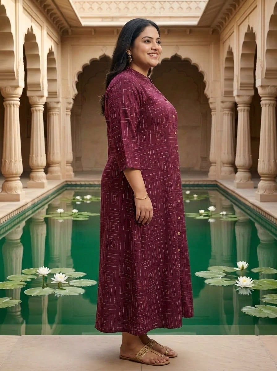 Purple Rayon Golden Print Aline Kurta Plus Size-410093
