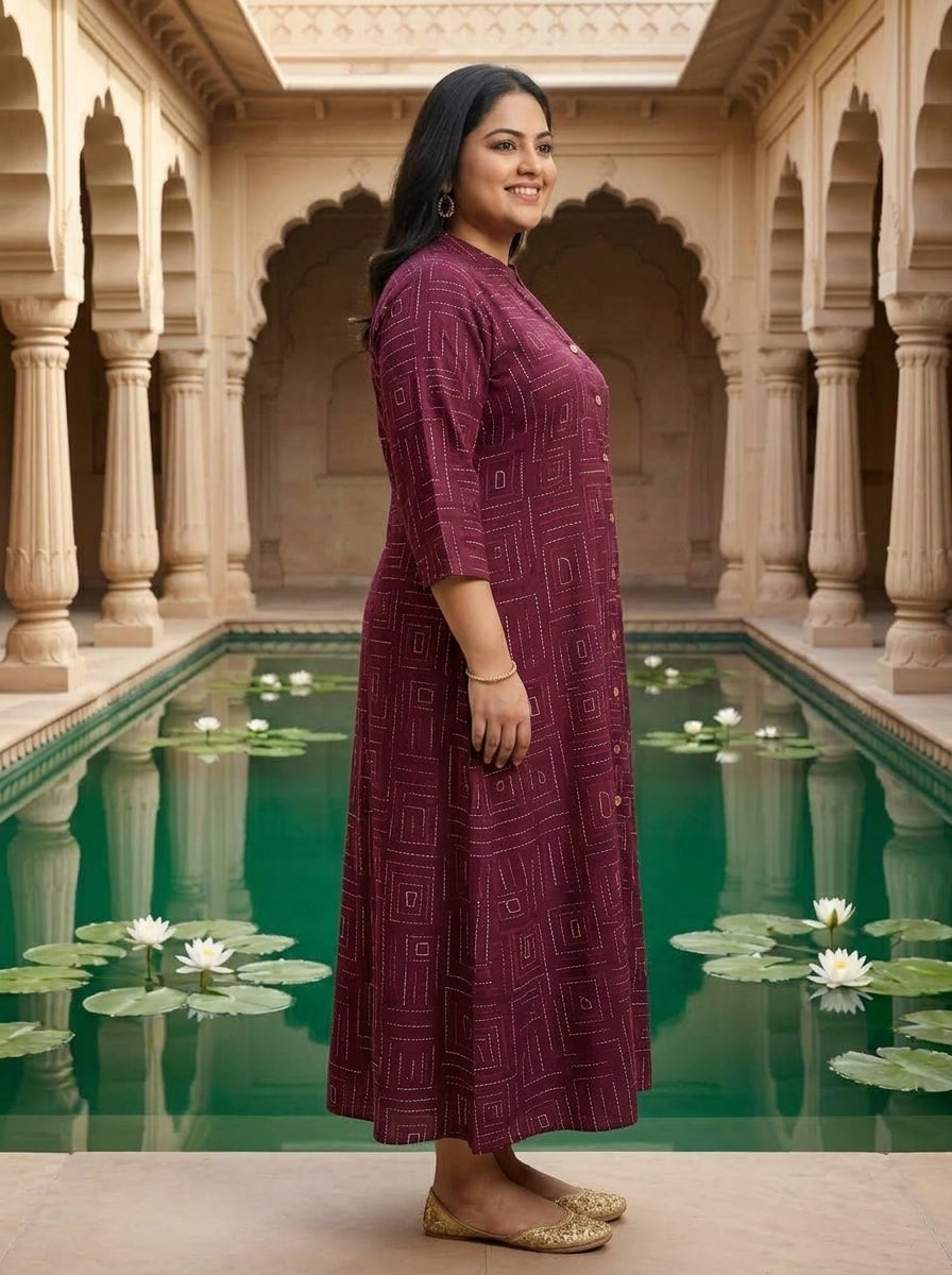 Purple Rayon Golden Print Aline Kurta Plus Size-410093