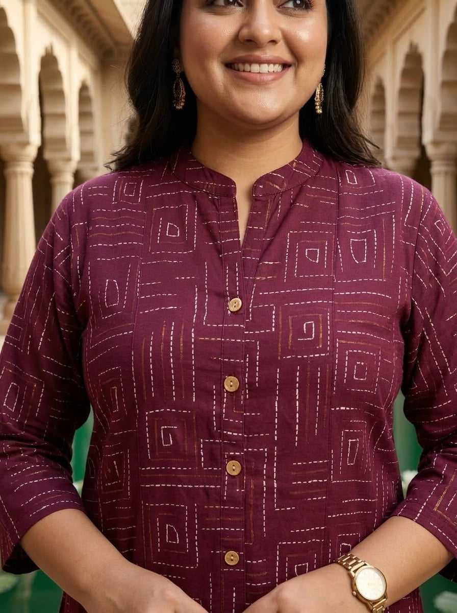 Purple Rayon Golden Print Aline Kurta Plus Size-410093