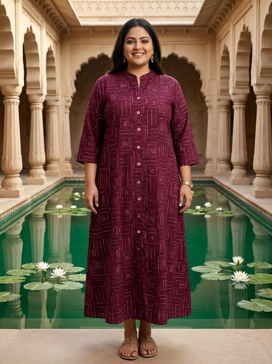 Purple Rayon Golden Print Aline Kurta Plus Size-410093