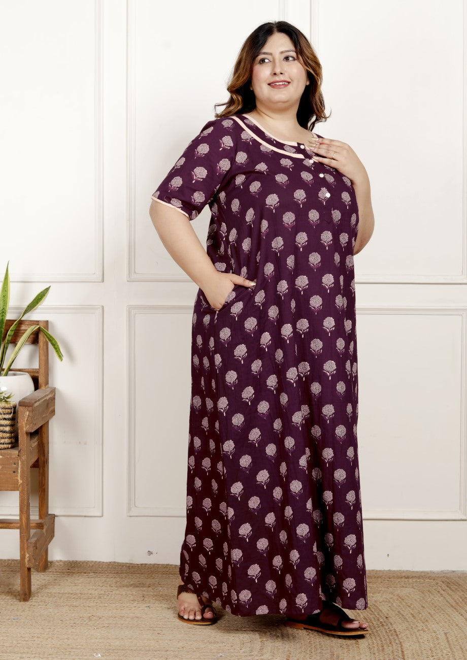Purple Floral Plus Size Nightgown – Comfortable Sleepwear for Women