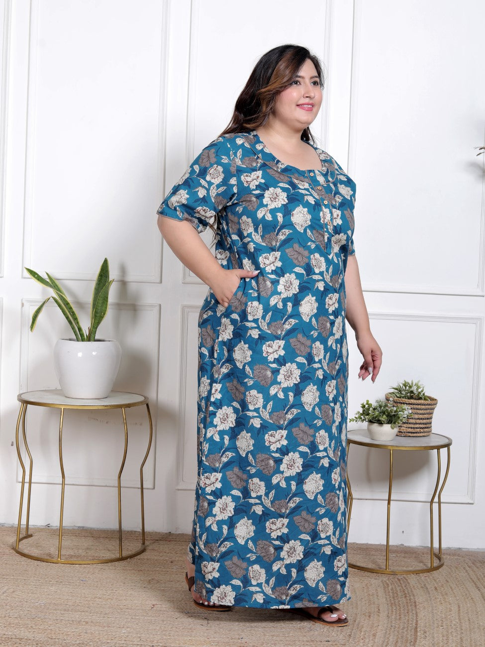 Blue Floral Plus Size Nightgown – Comfortable Sleepwear for Women