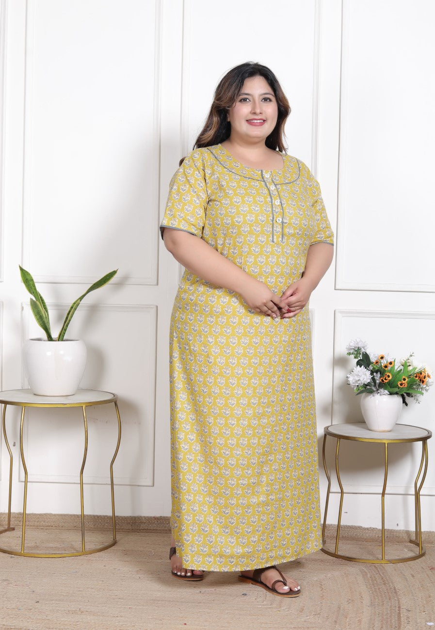 Yellow Floral Plus Size Nightgown – Comfortable Sleepwear for Women