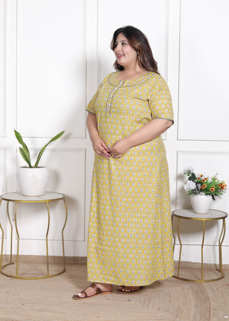 Yellow Floral Plus Size Nightgown – Comfortable Sleepwear for Women