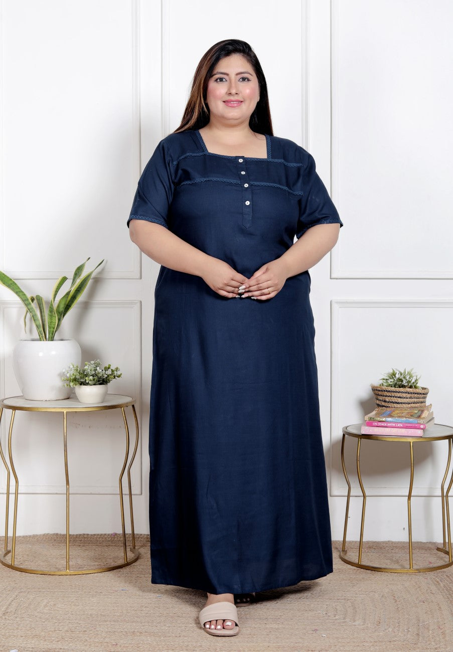 Blue Solid Plus Size Nightgown – Comfortable Sleepwear for Women