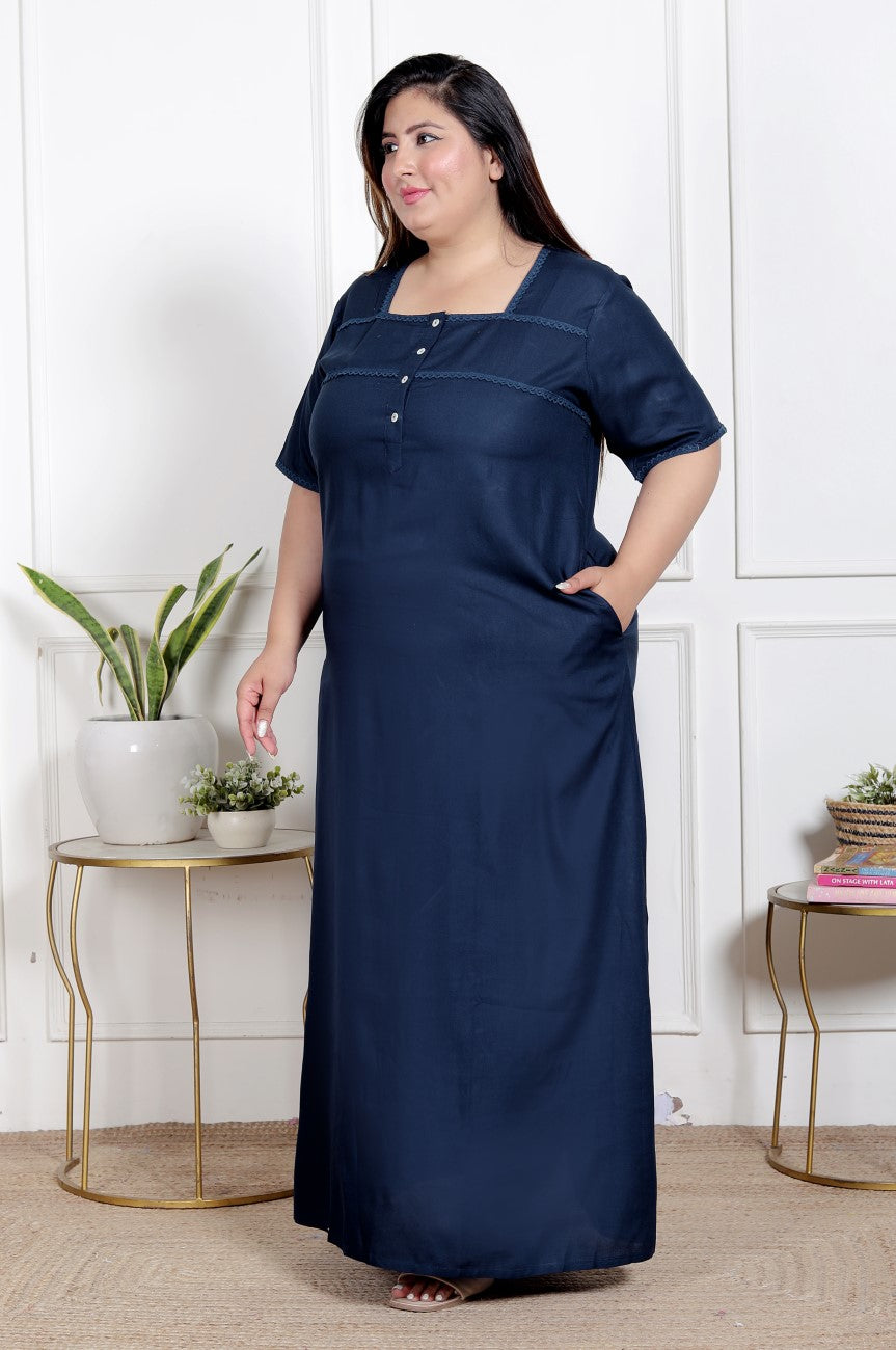 Blue Solid Plus Size Nightgown – Comfortable Sleepwear for Women