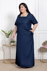Blue Solid Plus Size Nightgown – Comfortable Sleepwear for Women