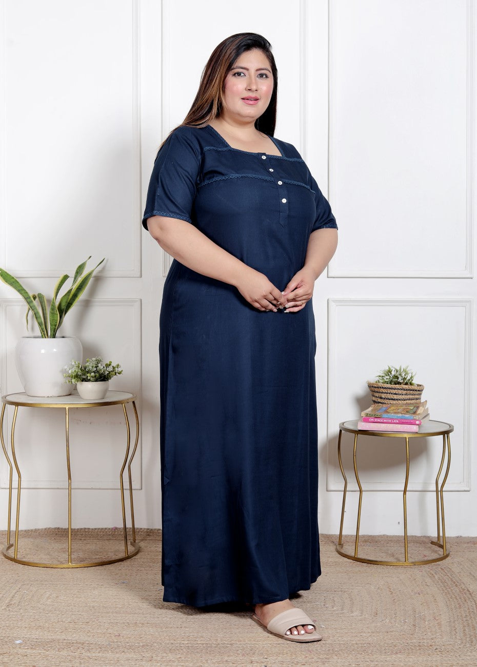 Blue Solid Plus Size Nightgown – Comfortable Sleepwear for Women