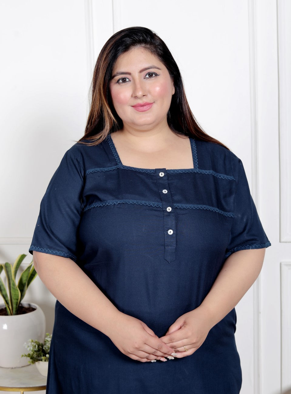 Blue Solid Plus Size Nightgown – Comfortable Sleepwear for Women