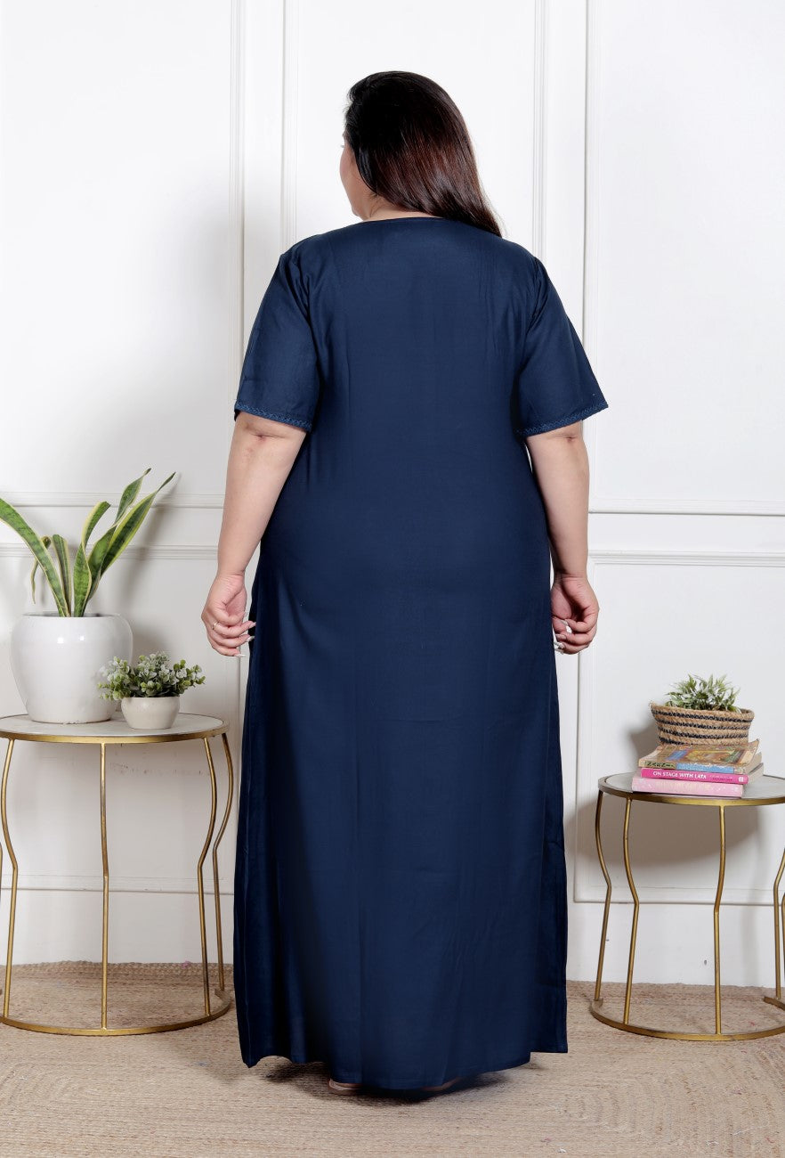 Blue Solid Plus Size Nightgown – Comfortable Sleepwear for Women