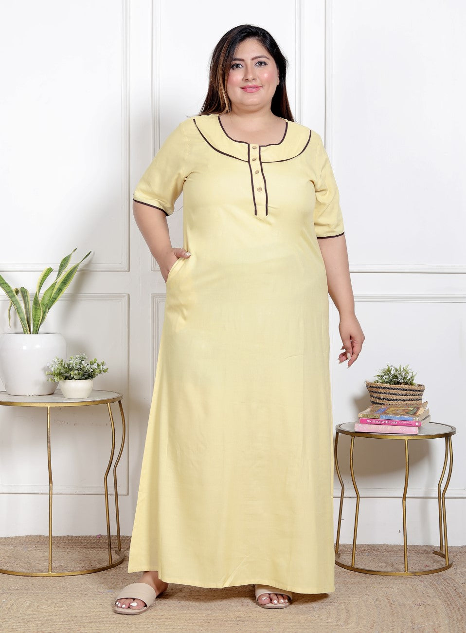 Beige Solid Plus Size Nightgown – Comfortable Sleepwear for Women Main image