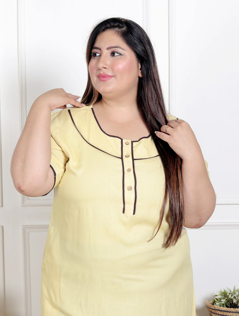 Beige Solid Plus Size Nightgown – Comfortable Sleepwear for Women