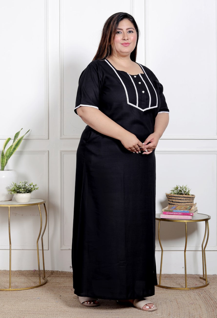 Black Solid Plus Size Nightgown – Comfortable Sleepwear for Women