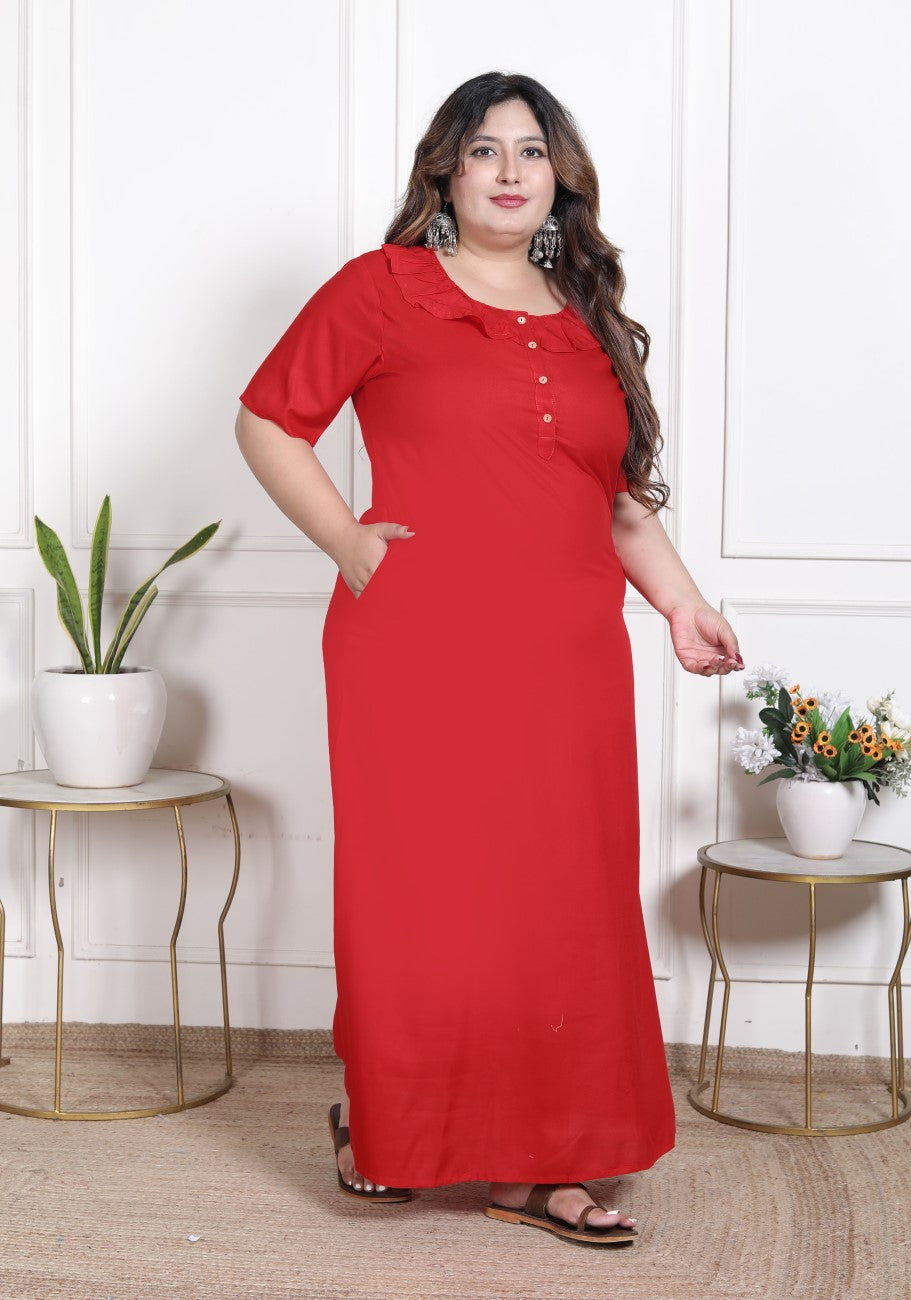 Red Solid Plus Size Nightgown – Comfortable Sleepwear for Women