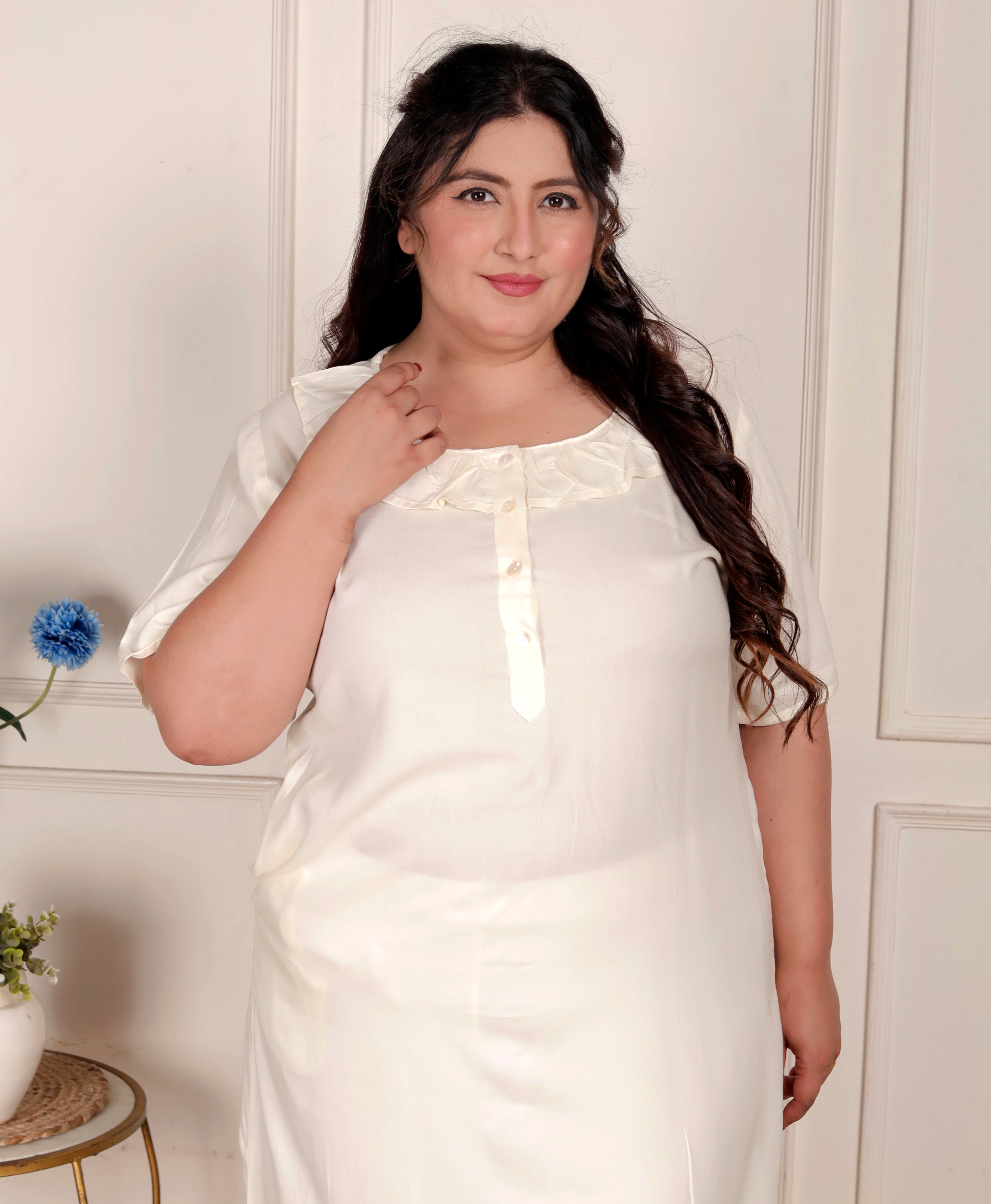 Off White Solid Plus Size Nightgown – Comfortable Sleepwear for Women