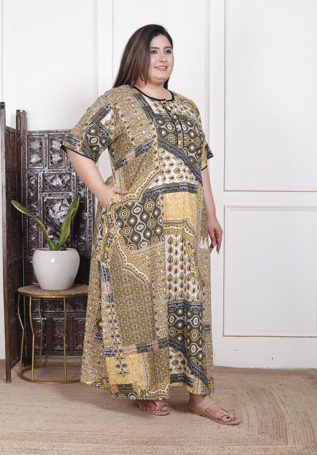 Green Floral Plus Size Nightgown – Comfortable Sleepwear for Women-430020