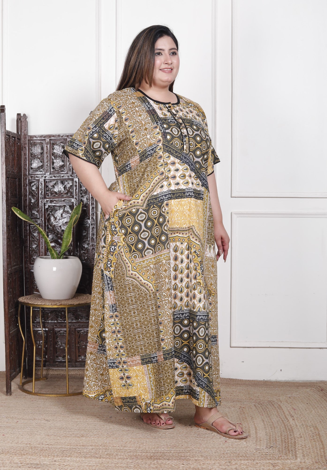 Green Floral Plus Size Nightgown – Comfortable Sleepwear for Women-430020