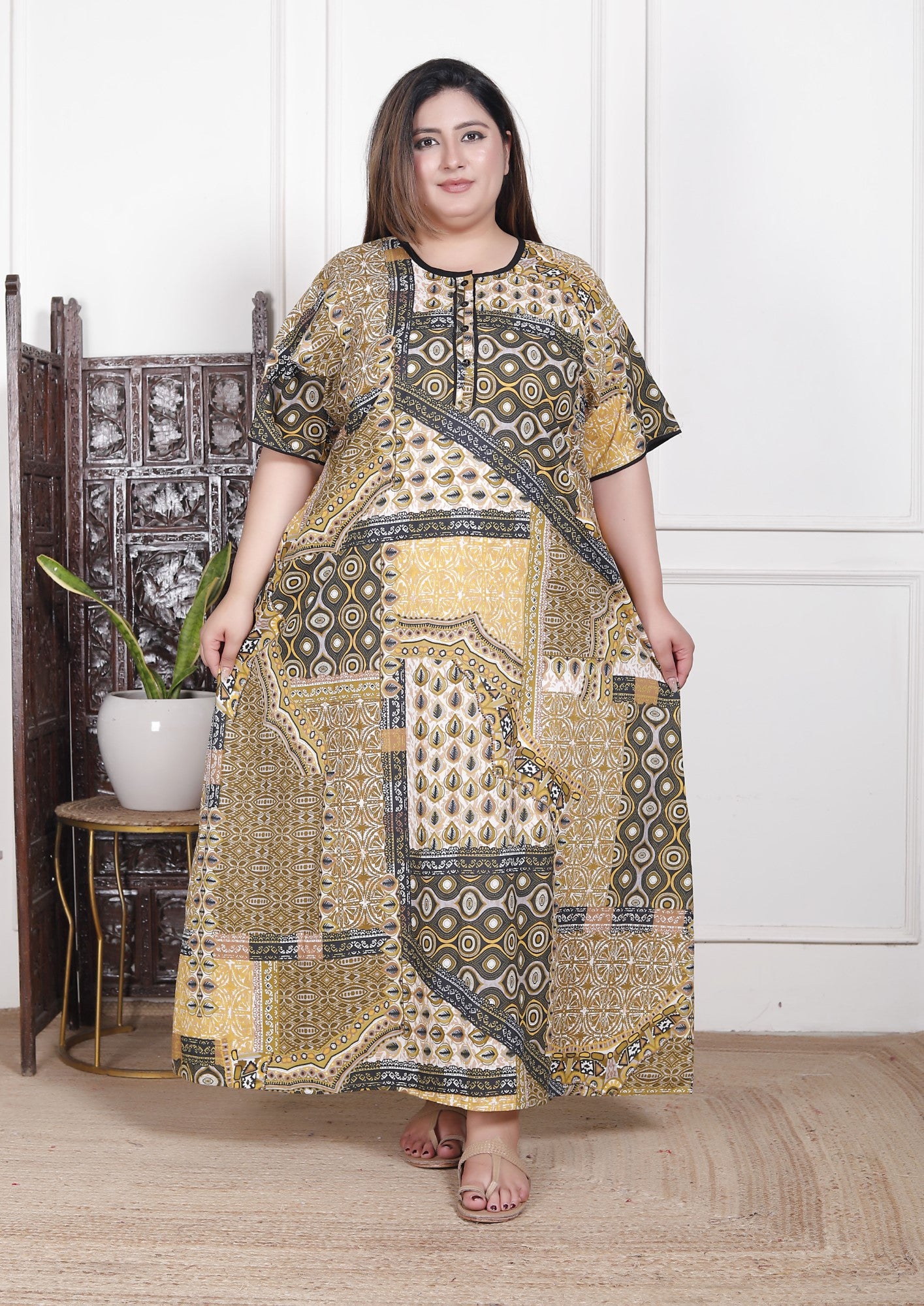 Green Floral Plus Size Nightgown – Comfortable Sleepwear for Women-430020