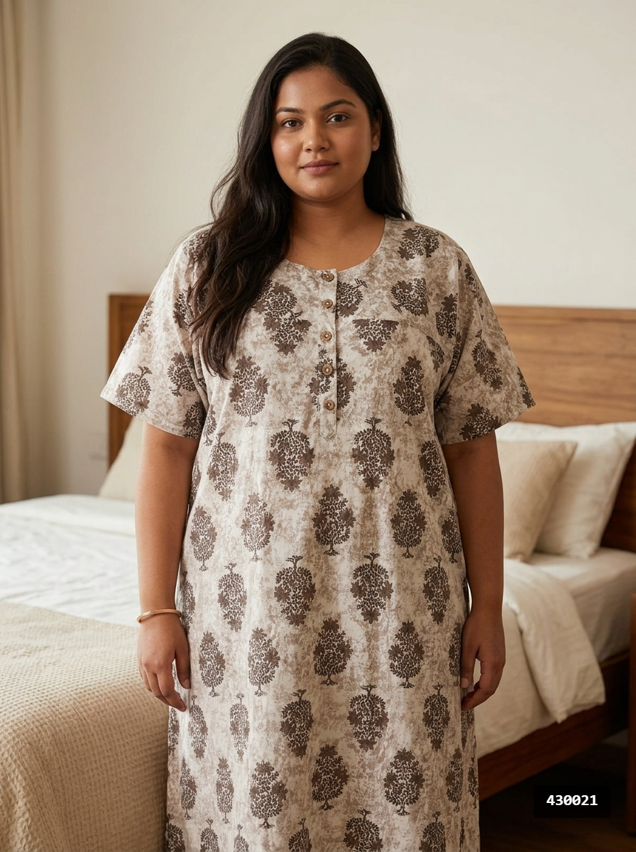 Beige Cotton Floral Plus Size Nightgown – Comfortable Sleepwear