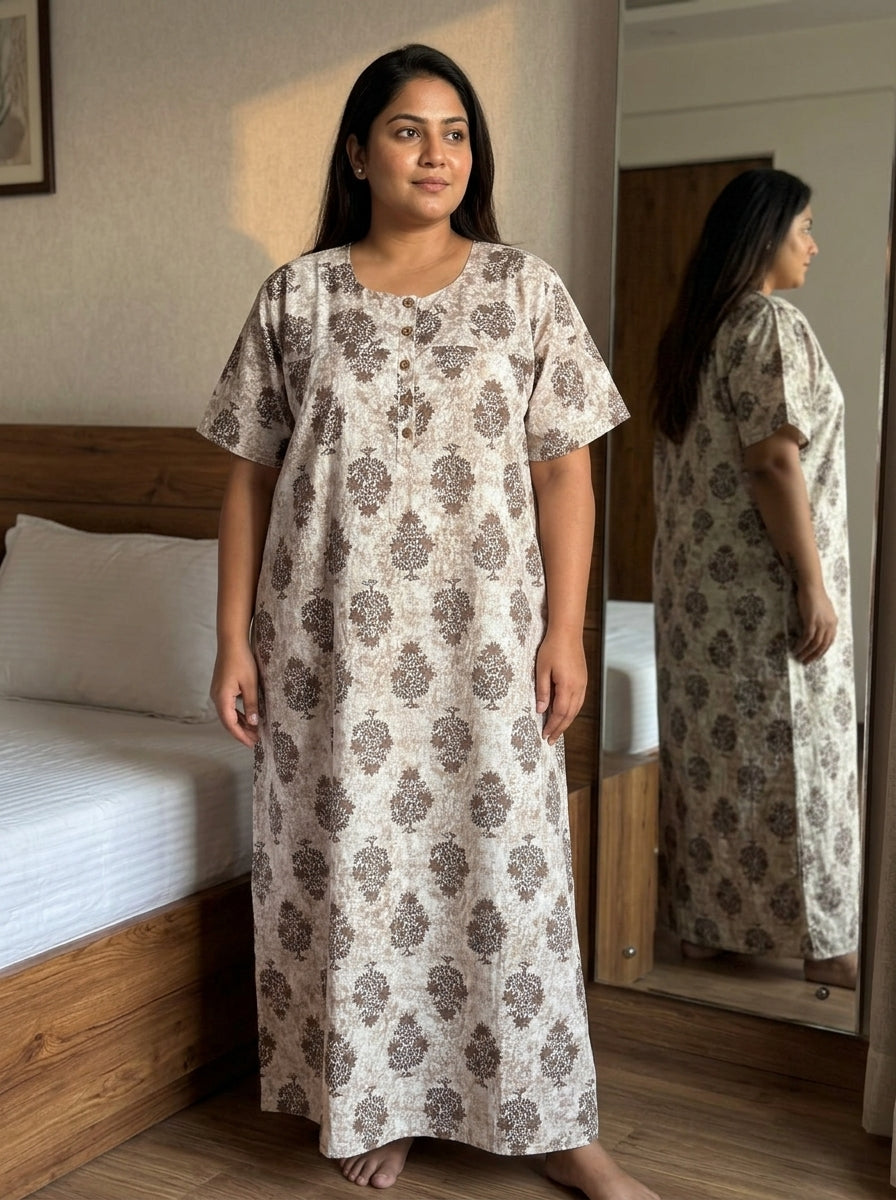 Beige Cotton Floral Plus Size Nightgown – Comfortable Sleepwear
