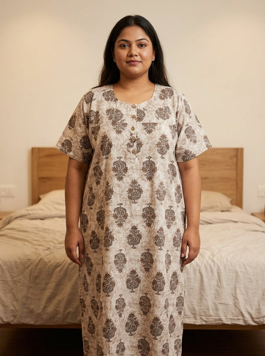 Beige Cotton Floral Plus Size Nightgown – Comfortable Sleepwear