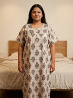 Beige Cotton Floral Plus Size Nightgown – Comfortable Sleepwear