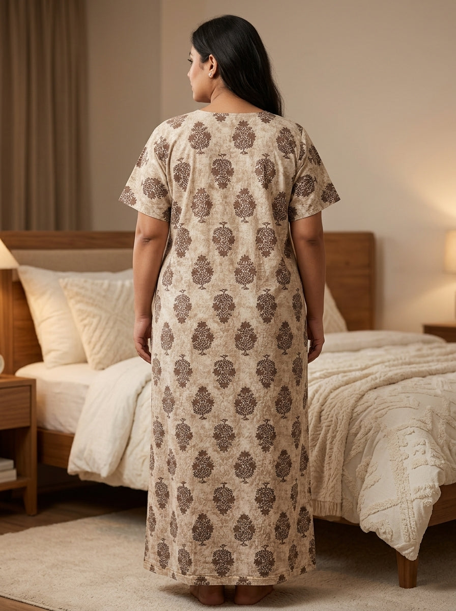Beige Cotton Floral Plus Size Nightgown – Comfortable Sleepwear