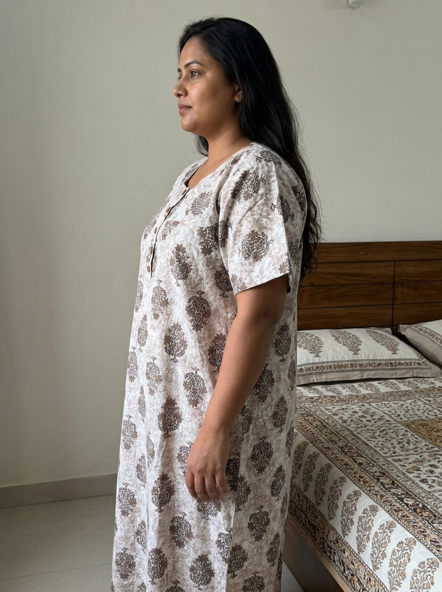 Beige Cotton Floral Plus Size Nightgown – Comfortable Sleepwear