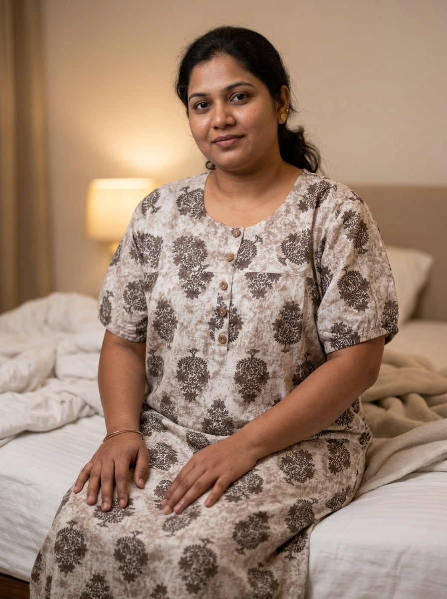 Beige Cotton Floral Plus Size Nightgown – Comfortable Sleepwear