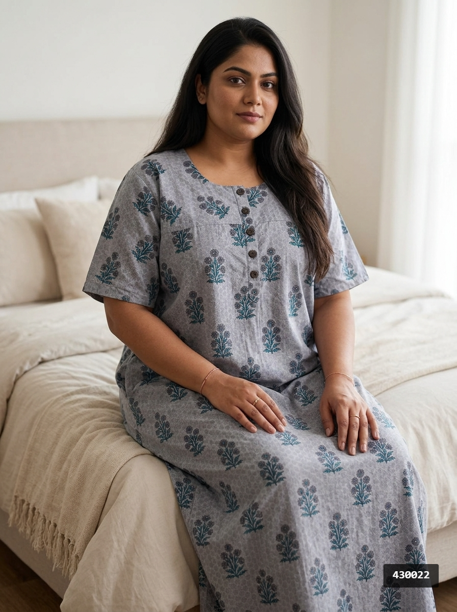 Grey Cotton Floral Plus Size Nightgown – Comfortable Sleepwear Secondary image