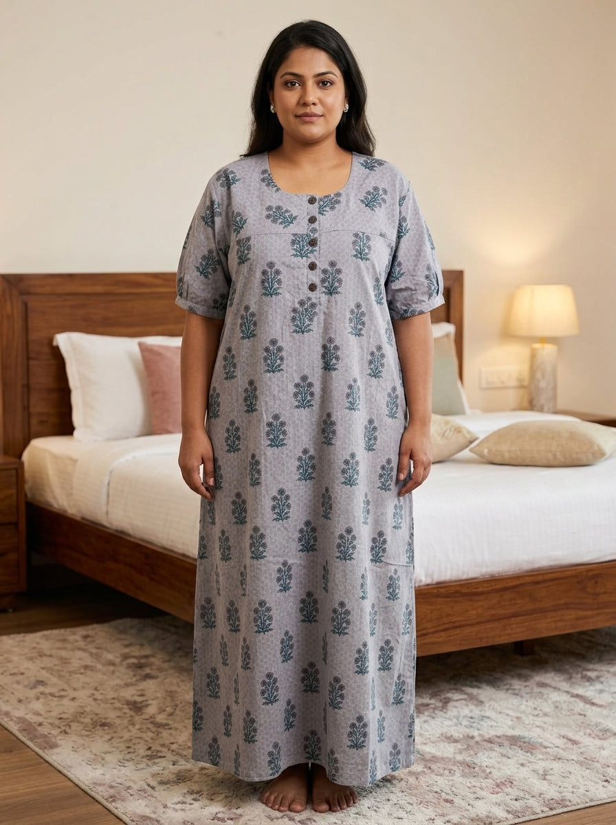 Grey Cotton Floral Plus Size Nightgown – Comfortable Sleepwear Main image