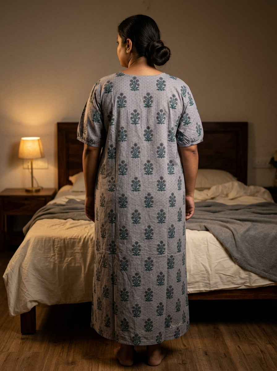 Grey Cotton Floral Plus Size Nightgown – Comfortable Sleepwear
