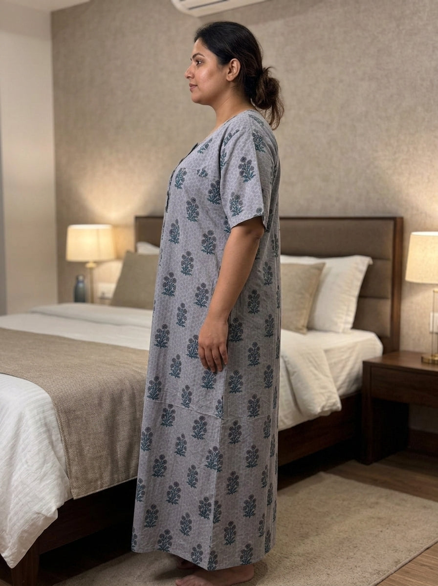 Grey Cotton Floral Plus Size Nightgown – Comfortable Sleepwear