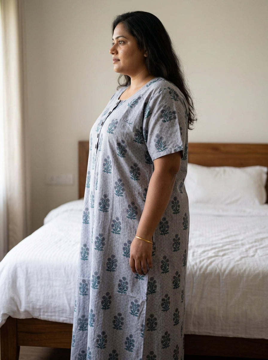Grey Cotton Floral Plus Size Nightgown – Comfortable Sleepwear