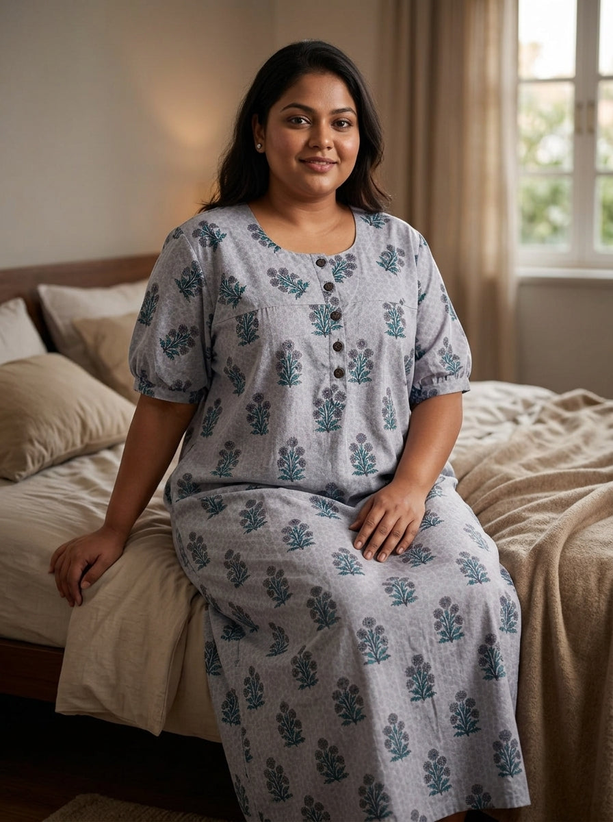 Grey Cotton Floral Plus Size Nightgown – Comfortable Sleepwear