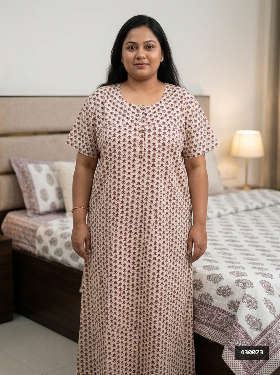 Beige Cotton Floral Plus Size Nightgown – Comfortable Sleepwear