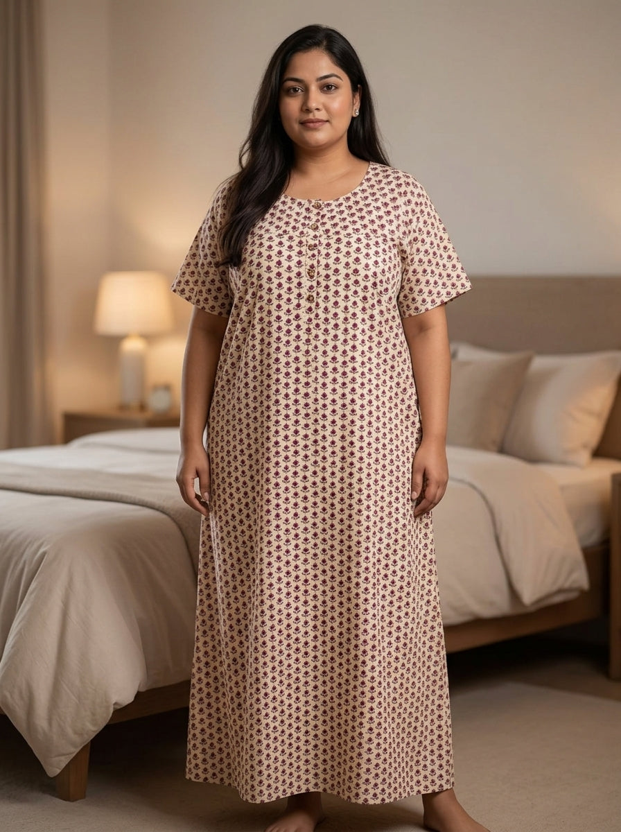 Beige Cotton Floral Plus Size Nightgown – Comfortable Sleepwear