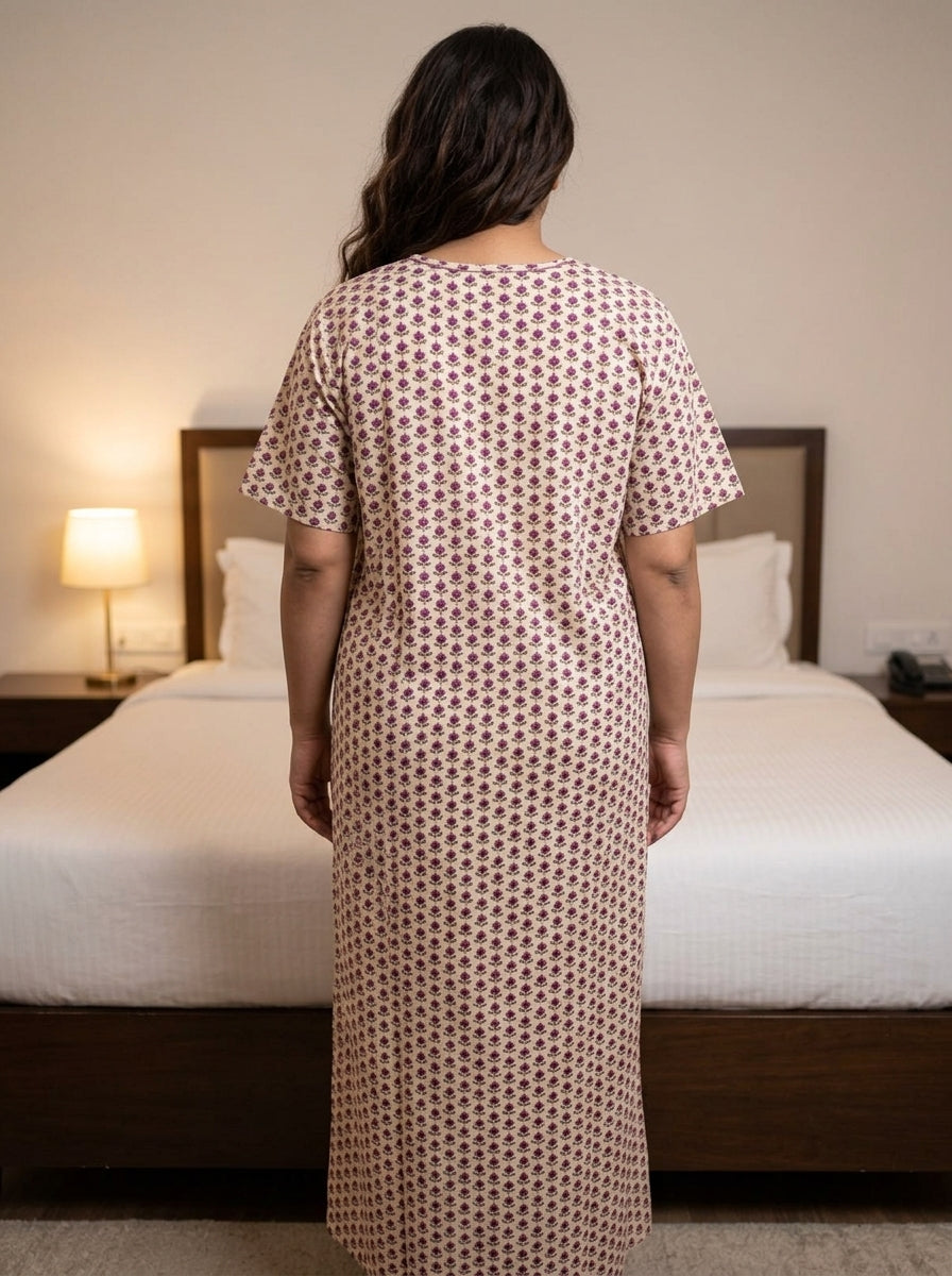 Beige Cotton Floral Plus Size Nightgown – Comfortable Sleepwear